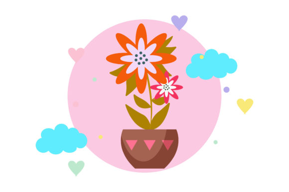 Flowers Pot Red Circle Cloud Bubble Graphics & Illustrations